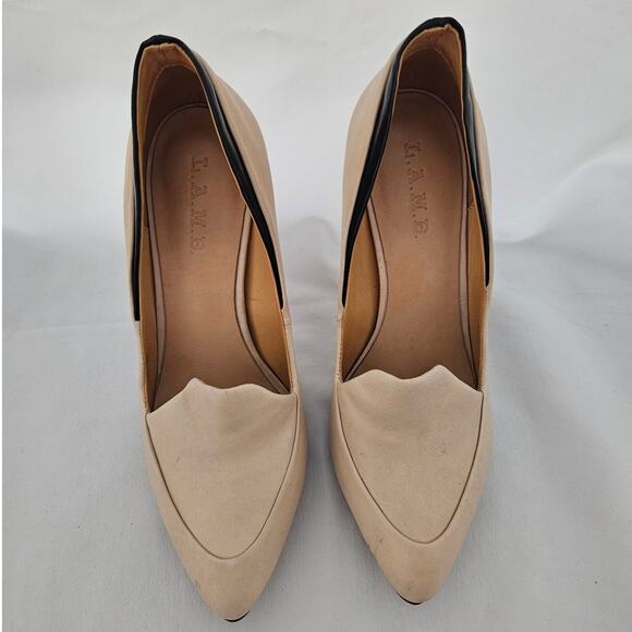 L.A.M.B. Tan Nude Black Leather Dice Pump sz 9M Minimalist Glam Y2K 2000s Basic - Picture 5 of 11